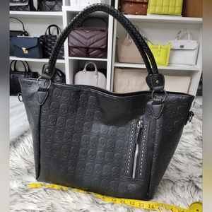 Large Skull Shoulder Elegant Black Tote Bag Gunmetal Hardware